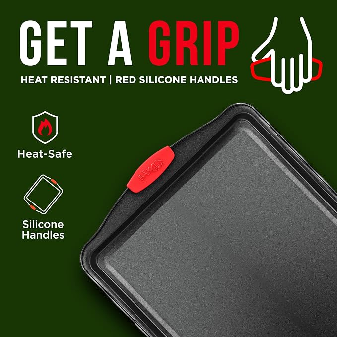 Nonstick Cookie Sheet Pan Carbon Steel Oven Tray Sheet Pan with Red Silicone Handles -large Bakeware Pan Tray with Gray Coating Inside & Outside