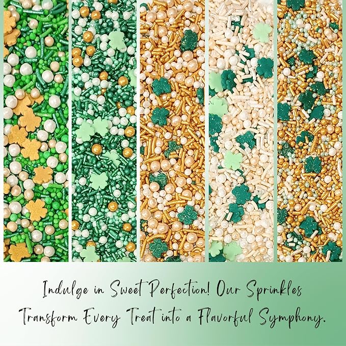 Confect Edible Sprinkles Mix Pack of 5 (5 oz) – Green, Gold & White Sprinkles for Baking – Cake, Cupcake & Cookie Decorations for St. Patrick’s Day, Birthdays & Celebrations | Vegan, Gluten-Free, Nut-Free, Soy-Free, Dairy-Free, Palm Oil-Free - 5 Oz