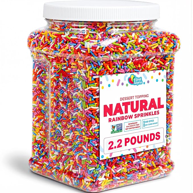 A Great Surprise Dye-Free Rainbow Sprinkles – 2.2 LB - Spring Natural Vegan Baking Toppings with No Artificial Dyes or Flavors – Non-GMO Jimmies for Cookies, Cakes, Ice Cream & Cupcakes