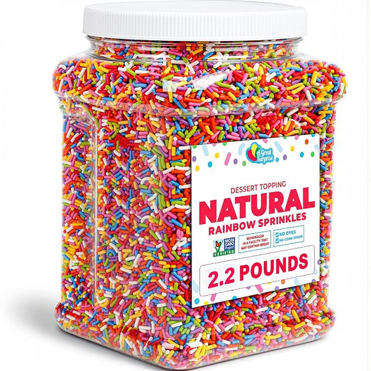 A Great Surprise Dye-Free Rainbow Sprinkles – 2.2 LB - Spring Natural Vegan Baking Toppings with No Artificial Dyes or Flavors – Non-GMO Jimmies for Cookies, Cakes, Ice Cream & Cupcakes
