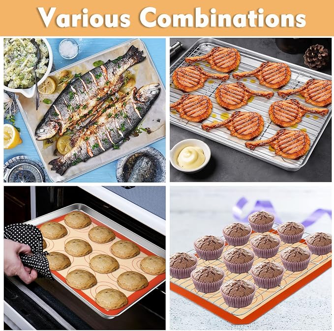 P&P CHEF 12.5 Inch Baking Oven Sheet Pan with Rack & Mat for Cookie, Stainless Steel Oven Sheet Tray Cooling Rack and Silicone Mat for Baking & Roasting, Dishwasher Safe & Healthy, 3Pcs