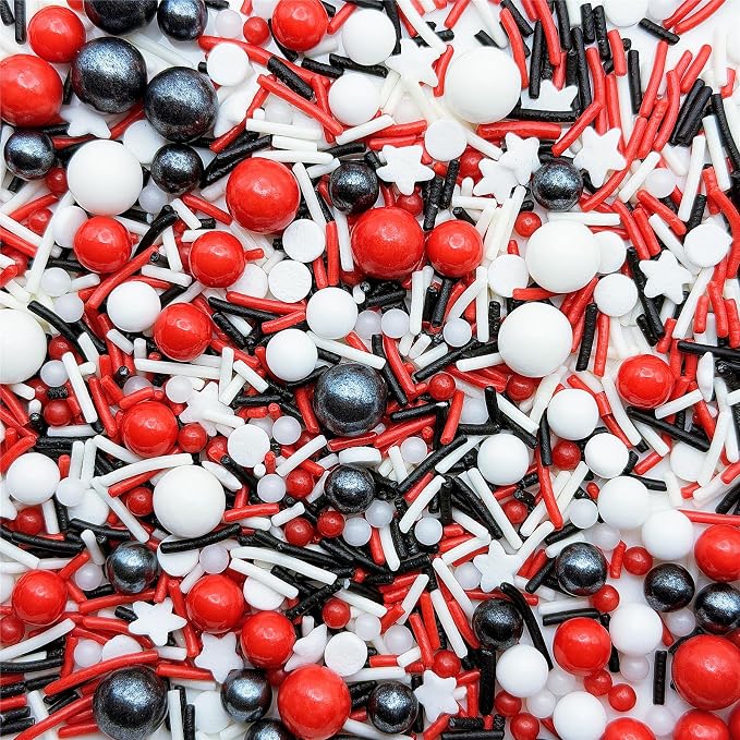 CandiJumpin Black White and Red Pearl Sprinkles, Edible Pearls and Jimmies Mix Red White and Black Sprinkles Crunchy Jimmies Edible Pearls for Cake Decorating Halloween Pearl Decoration for Baking Baby Shower Party Birthday Wedding Christmas Supplies 3 OZ