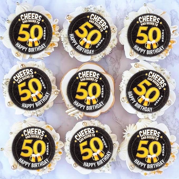 40Pcs Edible Cheers Beers to 50 Years Cupcake Toppers Edible Black Happy 50th Birthday Cupcake Picks Drink Toppers for Cheers Beers Theme 50th Men Birthday Party Decorations