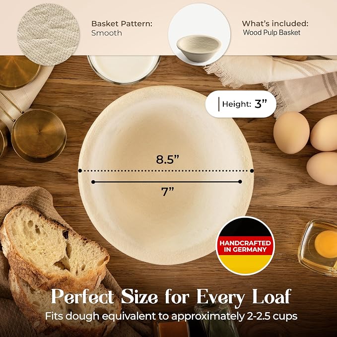 Wood Pulp Banneton Bread Proofing Basket – 9" Round 1.1LB Brotform with Smooth Surface – Non-Stick Natural Wood Pulp Pressed for Durability– Made in Germany Proofing Baskets for Sourdough Bread Baking