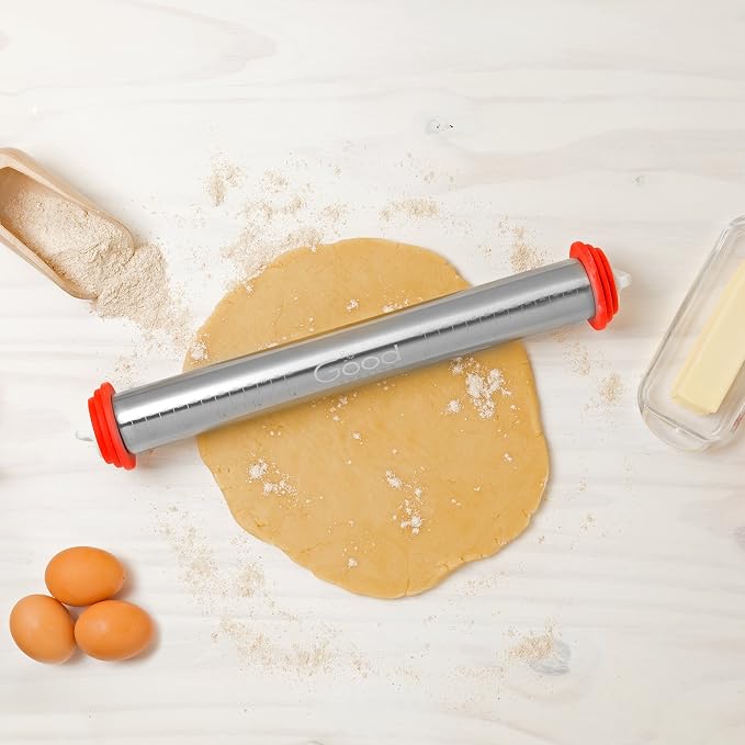 Good Cooking Adjustable XL Rolling Pin with 3 Spacer Rings, 17 Inch Stainless Steel Nonstick French Pastry Roller for Dough, Cookies, Pie Crust, Pizza, Fondant, Baking and Kitchen Prep