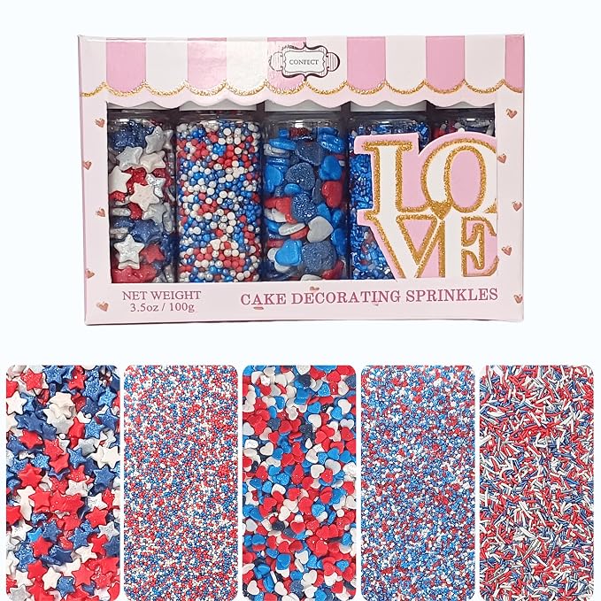 Confect Edible Christmas Sprinkles | Assorted Pack of 5 Patriotic Mix Red, White, Blue & Silver Sprinkles For Cake & Cupcake Decorations | Vegan, Gluten-Free, Soy-Free, Dairy-Free, Palm Oil-Free- 5 Oz