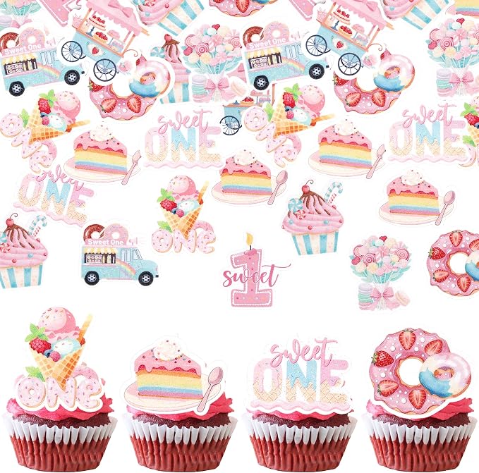63 PCS Edible Strawberry Cupcake Toppers Sweet One Berry Donut Cupcake Picks Edible Strawberry 1st Birthday Cake Decorations for Baby Shower First Birthday Party Cake Dessert Decorations Supplies