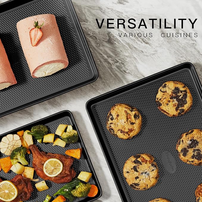 HONGBAKE 2 Pack Jelly Roll Pan Set 15x10, Cookie Sheets for Baking with Diamond Texture, Baking Sheets Non Stick, Non Toxic Oven Trays for Cooking, Heavy Duty 57% Thicker Carbon Steel, Dark Gray