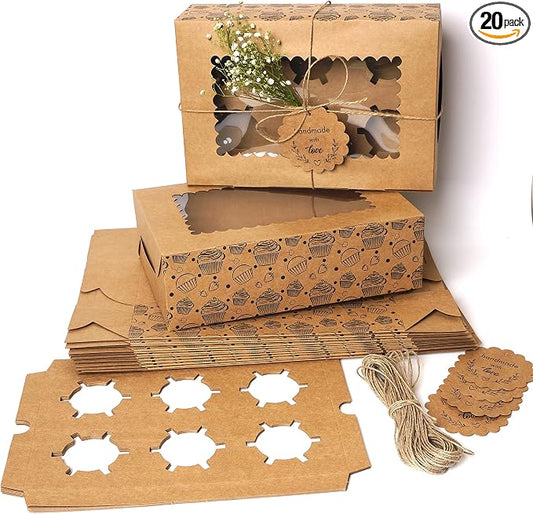 20-Pack Brown Cupcake Boxes with Insert Trays, Tags and Twine | Food Grade Kraft Bakery Boxes with Window to Fit 6 Cupcakes