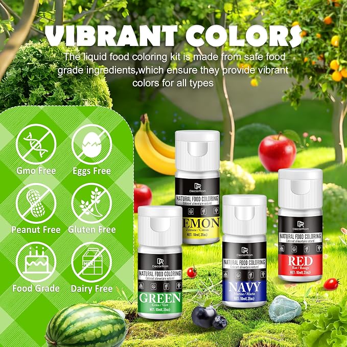 Natural Food Coloring, 10 Colors Bright Liquid Dye Free Food Coloring, Plant Based Food Colorings for Baking, DIY Cake Making, Cookie Decorating, Donut, Cream, Fondant, Candy & Baking Adult Hobby
