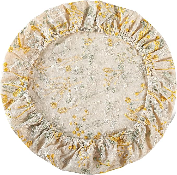 Reusable Bowl Covers for Bread Proofing Baking Embroidered Dandelion Linen Cotton Cloth Fabric Washable with Elastic Cover for Food Fruit Salad Eco-friendly (Beige Dandelion)