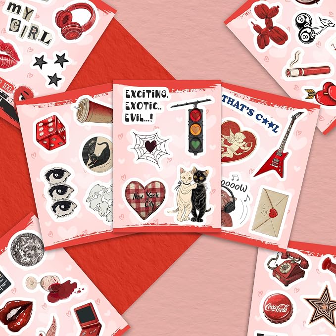 100Pcs Red Aesthetic Stickers - Cool Y2K Stickers for Water Battle, Laptop - Downtown Girl Party Supplies, Decoration