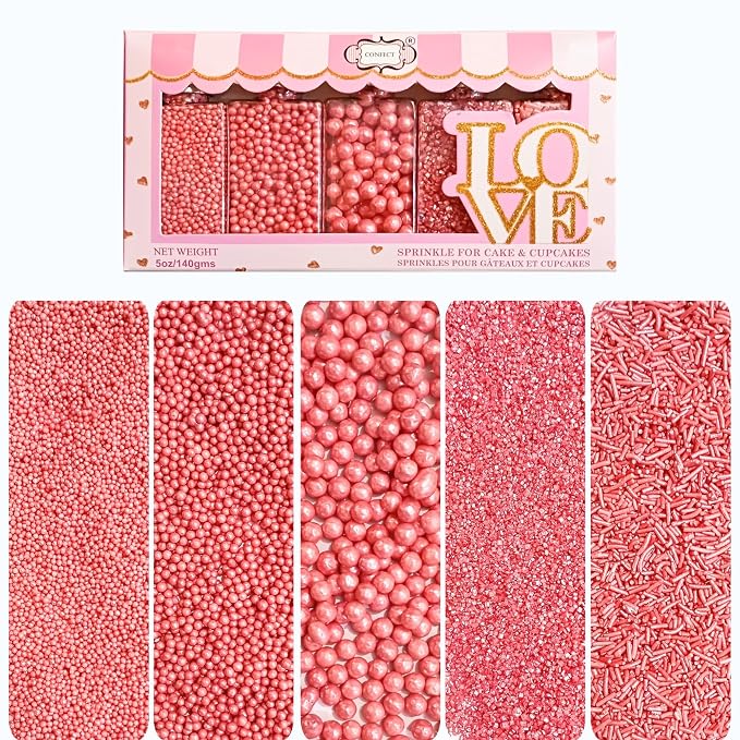 Confect Rose Pink Sprinkles | Assorted 5-Pack Garden Party Mix with Dragees, Jimmies & Sparkling Sugar for Cake & Cupcake Decoration | Vegan, Gluten-Free, Nut-Free, Soy-Free, Dairy-Free , Handcrafted Sprinkle - 5 Oz