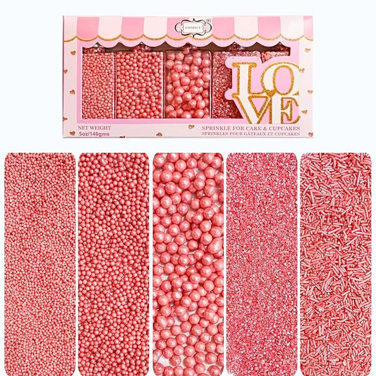 Confect Rose Pink Sprinkles | Assorted 5-Pack Garden Party Mix with Dragees, Jimmies & Sparkling Sugar for Cake & Cupcake Decoration | Vegan, Gluten-Free, Nut-Free, Soy-Free, Dairy-Free , Handcrafted Sprinkle - 5 Oz