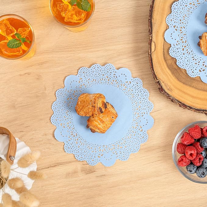 Restaurantware-Pastry Tek 8 x 8 Inch Paper Lace Doilies, 4000 Round Disposable Table Doilies - Elegant Lace Finish, Long Lasting, SkyBlue Paper Lace Doilies, for Pastries, Cupcakes, Desserts