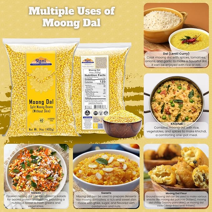 Rani Moong Dal (Split Mung Beans Without Skin) Lentils Indian 14oz (400g) ~ All Natural | Gluten Friendly | Non-GMO | Kosher | Vegan | Indian Origin