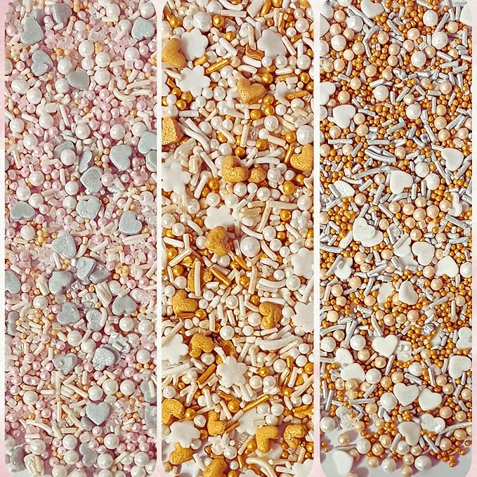 Confect Gold, silver and white Pearl Sprinkles | Sprinkles for Baking, Cookie & Cake Decorative | Valentines Edible sprinkle Mix Pack of 5 -Vegan, Gluten-Free, Nut-Free, Soy-Free, Dairy-Free, Palm Oil-Free -5 Oz