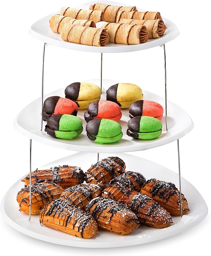 Masirs Collapsible 3-Tier Party Tray: Decorative Design Folds for Minimal Storage. an Elegant Serving Tray for Sandwiches, Cake, Sliced Cheese, and Deli Meat.
