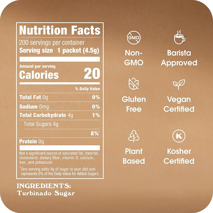 Sugar In The Raw Turbinado Cane Sugar Packets, 200 Ct Box, 1 Pack, Pure, All-Natural Turbinado Sugar, Non-GMO Project Verified, Kosher, Vegan and Gluten Free