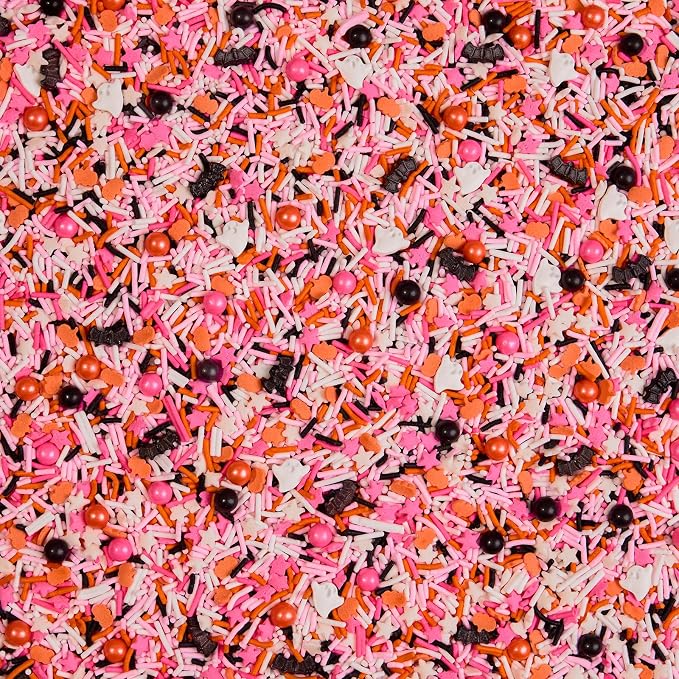 Fancy Sprinkles Glam Reaper Sprinkles | Pink, Orange, Black & White Jimmies | Bat & Pumpkin Shaped Candy | Halloween Cake, Cupcake & Cookie Decorating | 1 Pack (0.5c)