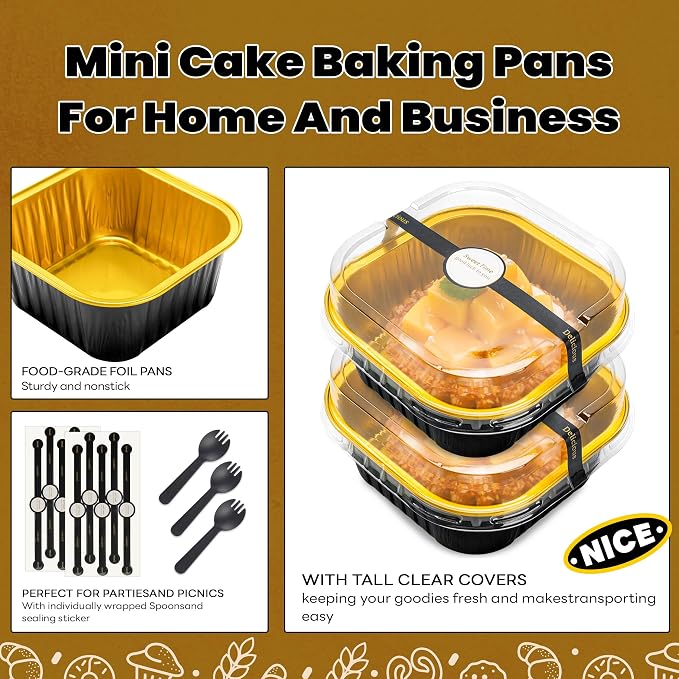 NPLUX 50 Pcs Mini Square Baking Cups with Lids and Spoons Aluminum Foil Mini Cake Pans with Lids Disposable Ramekins Cake Pans Dessert Cups for Wedding, Graduation Gifts Party Favors(Black Gold,5oz)