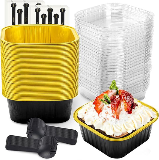 NPLUX 50 Pcs Mini Square Baking Cups with Lids and Spoons Aluminum Foil Mini Cake Pans with Lids Disposable Ramekins Cake Pans Dessert Cups for Wedding, Graduation Gifts Party Favors(Black Gold,10oz)