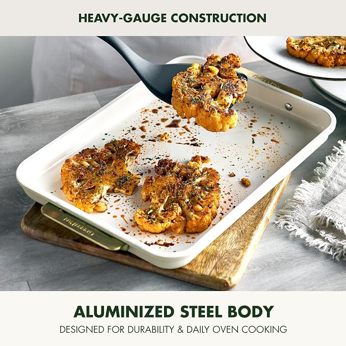 GreenPan Bakeware 13" x 9" Quarter Sheet Pan, Ceramic Nonstick Baking Pan, PFAS & BPA Free, Gold Handles, Durable Steel, Versatile & Space Saving Ovenware, Freezer to Oven Dish, Cream
