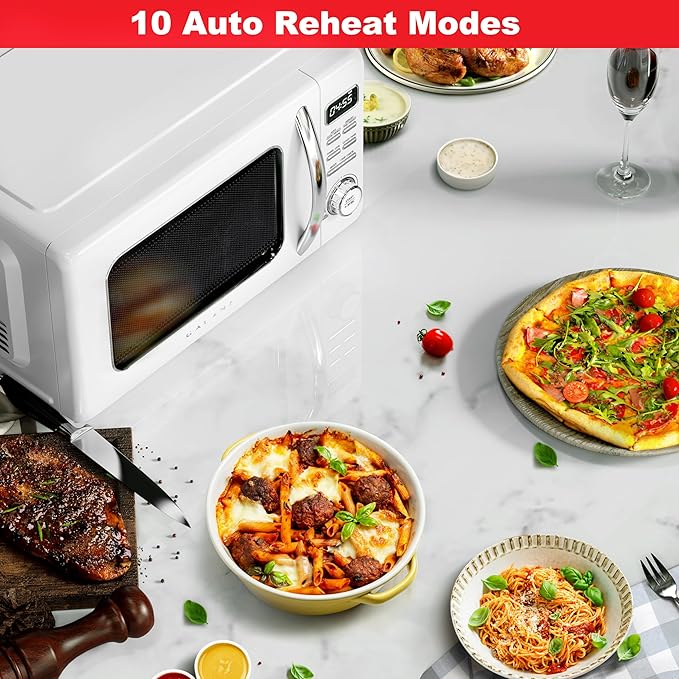 Galanz GLCMKZ09WER09 Retro Countertop Microwave Oven with Auto Cook & Reheat, Defrost, Quick Start Functions, Easy Clean with Glass Turntable, Pull Handle, 0.9 cu ft, White