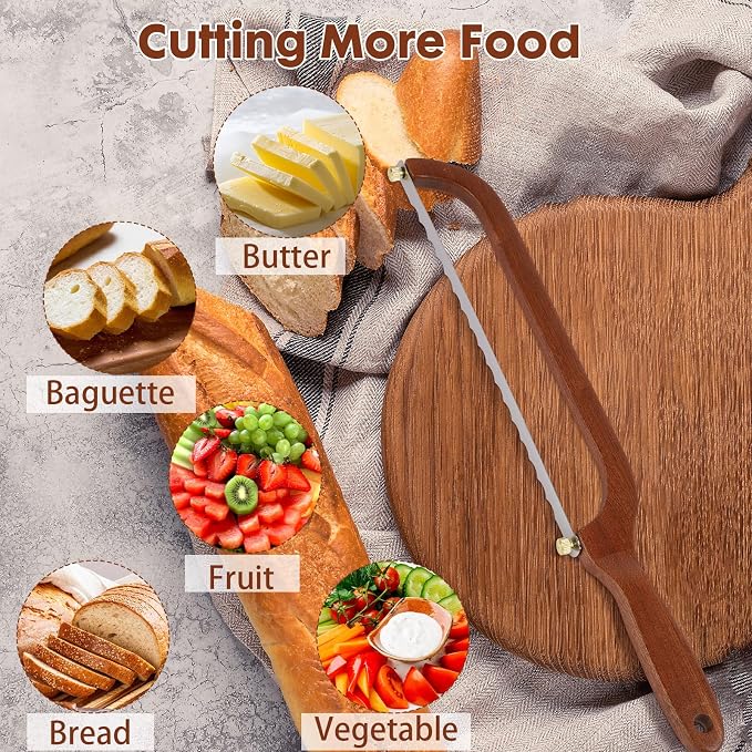 Bread Slicer for Homemade Bread - Wooden Sourdough Bread Knife with Bow Design - Premium Stainless Steel Serrated Saw Bread Cutter for Bagels, Baguettes Vegetables, Sandwich, Fruits with 2 Blades