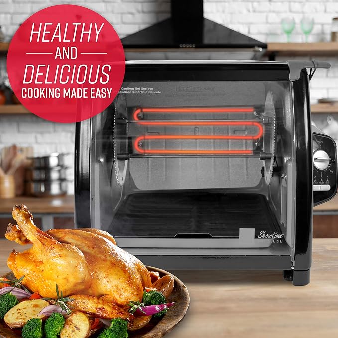 Ronco Showtime Large Capacity Rotisserie & BBQ Oven Modern Edition, Simple Switch Controls, Silicone Door Tie, Auto Shutoff, Includes Multipurpose Basket