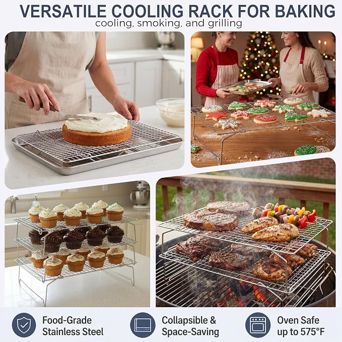 E-far 3-Tier Cooling Rack for Cooking and Baking - 15”x10” Collapsible & Stackable Tight-Wire Stainless Steel Cookie Rack for Baking Sheet, Oven, Roasting, Dishwasher Safe & Space Saving