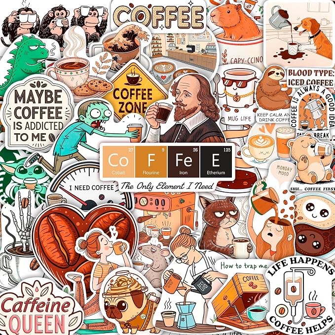 100Pcs Funny Coffee Stickers for Cups, Water Bottles & Scrapbook - Coffee Gifts, Party Decorations, Party Supplies - Gifts for Men & Women