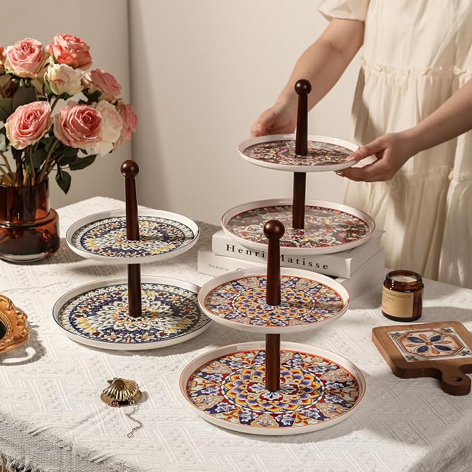 2 Tiered Cupcake Dessert Stand Ceramic, Tiered Serving Cake Stand Bohemian Plates Tray Food Grade Dessert Display Stand, Beautiful Gift for Tea Party, Weddings Parties & Home Décor (Red)
