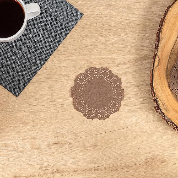 Pastry Tek 4 x 4 Inch Paper Lace Doilies, 4000 Disposable Table Doilies - Elegant Lace Finish, Long Lasting, Brown Paper Doily, for Pastries, Cupcakes, Desserts - Restaurantware