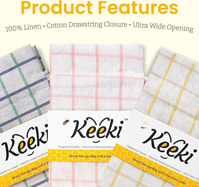 Keeki Bag - The Original Beeswax-Lined Bread Storage Bag (Natural) | Plastic-free Beeswax Wrap Alternative w/ Wide Drawstring Closure, Breathable, Washable Linen for Homemade Artisan Bread
