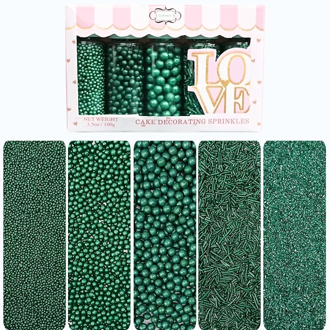 Confect- Sprinkle Holly Green Christmas Sprinkles – Assorted 5-Pack for Cake & Cupcake Decorating | Festive Mix of Holly Green Dragees, Jimmies & Sparkling Sugar | Vegan, Gluten-Free, Nut-Free Edible Holiday Topping - 5 Oz