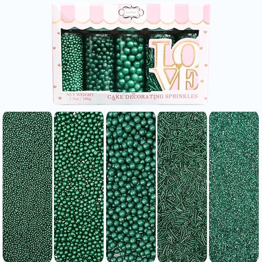 Confect- Sprinkle Holly Green Christmas Sprinkles – Assorted 5-Pack for Cake & Cupcake Decorating | Festive Mix of Holly Green Dragees, Jimmies & Sparkling Sugar | Vegan, Gluten-Free, Nut-Free Edible Holiday Topping - 5 Oz