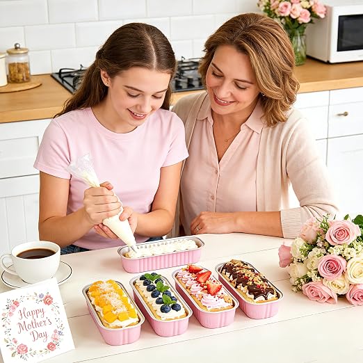 NPLUX Mini Cake Pans with Lids, Spoons and Stickers, 200 Pack 6.8 oz Pink Disposable Aluminum Foil Baking Pans, Rectangular Mini Loaf Containers for Brownies, Cheesecake, Banana Bread and Bake Sale