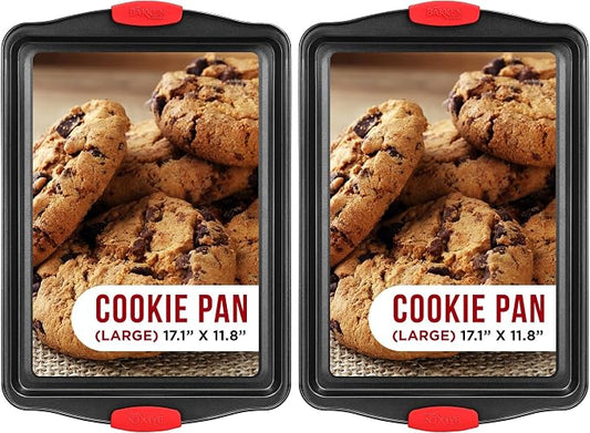 Nonstick Cookie Sheet Pan Carbon Steel Oven Tray Sheet Pan with Red Silicone Handles -large Bakeware Pan Tray with Gray Coating Inside & Outside (Pack of 2)