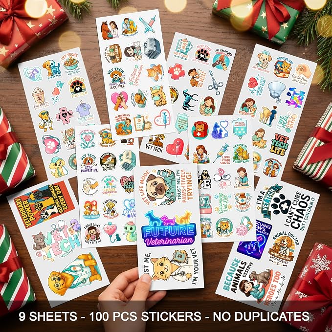 100 PCS Veterinary Stickers, Cute Vet Tech Waterproof Vinyl Sticker for Teens Adults, Animal Doctor Decals for Laptop Water Bottle Scrapbook Wall Decor Gift for Birthday 9 Sheets Students
