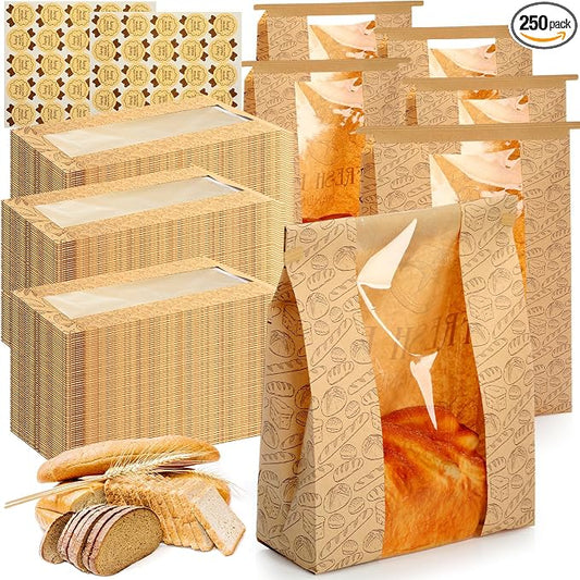 Feifeiya 250 Set Bread Paper Bags for Homemade Sourdough Kraft Bread Bags with Clear Window Seal Stickers 14'' x 8.3'' x 3.5'' Large Bakery Packaging for Storage Baked Goods Cookies