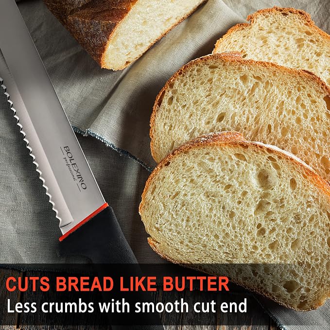 10 Inch Wavy Edge Serrated Bread Knife for Sourdough, With Non-Slip Softgrip, Sharp & Long Blade For Homemade Bread, Cake, Bagel, 2.5MM Thickened Japanese High Carbon Stainless Steel