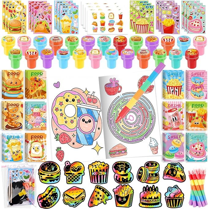 BenLouis 84 Pcs Fast Food Party Favors Food Coloring Books Bulk for Kids Classroom Pizza Birthday Gift Party Food Drink Candy Goodie Bag Fillers Donut Gift Decor Pinata Prize Activity Supplies