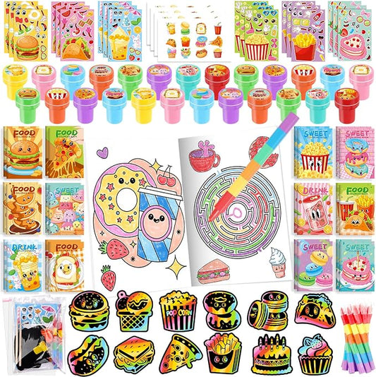 BenLouis 84 Pcs Fast Food Party Favors Food Coloring Books Bulk for Kids Classroom Pizza Birthday Gift Party Food Drink Candy Goodie Bag Fillers Donut Gift Decor Pinata Prize Activity Supplies