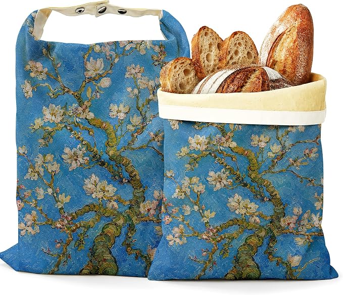 Blossoming Almond Tree Bread Bags for Homemade Bread, 2 Pack Linen and Beeswax Sourdough Storage Bags, Reusable Keeper, Keeps Breads Fresh Longer, Gifts for Bakers