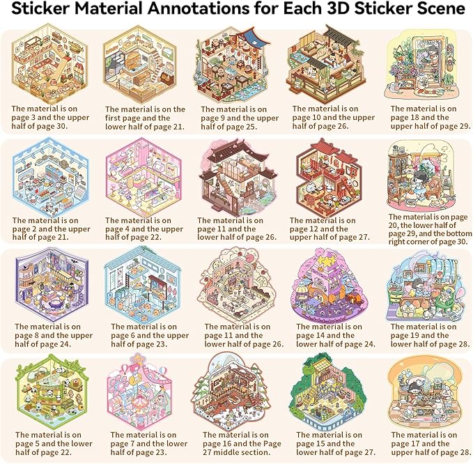 20 Sets DIY 3D Sticker Scene Collection Book for Kids Adults Cute Make Your Own Shop House Stickers for Gifts Stickers Therapy for Adult Relief Stress Pass The Time Play Park Hamburg Castle Library