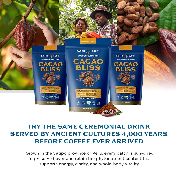 Earth Echo Cacao Bliss - Ceremonial Grade Organic Raw Cacao Powder with MCT Oil & Turmeric - Supports Energy Boost, Mindful Snacking & Focus - Unsweetened, Vegan, GMO & Gluten-Free, 30 Servings