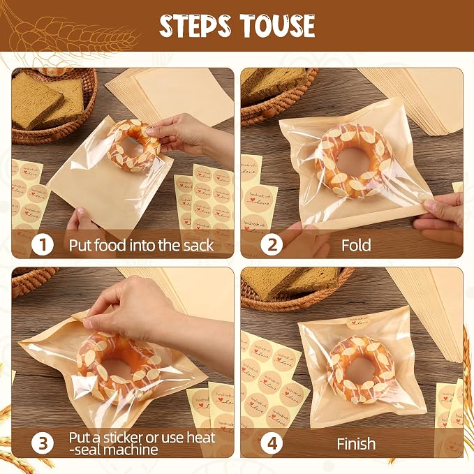 300 Pcs Cookie Packaging Bags with Window, 7.1" x 7.5" Kraft Paper Bakery Bags, Heat-Sealable & Grease-Resistant Pastry Bags with 320 Stickers for Cookies, Donuts, Sandwiches, Party Treats (Brown)