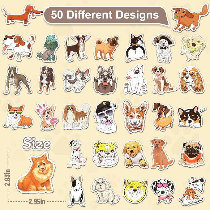 50 Pcs Cute Dog Stickers for Scrapbooking, Waterproof Vinyl Puppy Stickers for Laptops Water Bottles Journals, Funny Dog Breed Decals Kids Teens Adults Pet Lovers