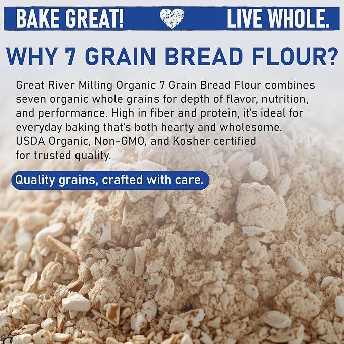 Great River Milling Organic 7 Grain Blend Bread Flour | Unbromated & Unbleached Flour | Non-GMO, Kosher | Stone Ground for Baking, Bread, Muffins & More | 25 Lb